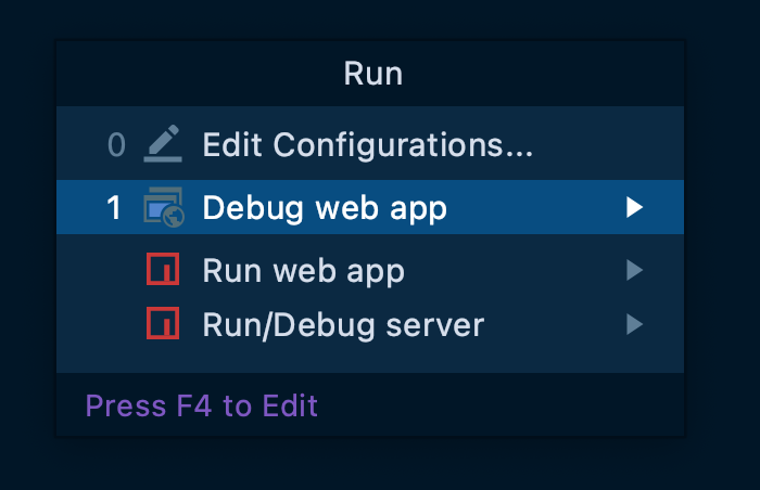 WebStorm menu to run and debug apps