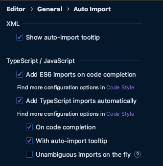 My WebStorm settings for auto importing.