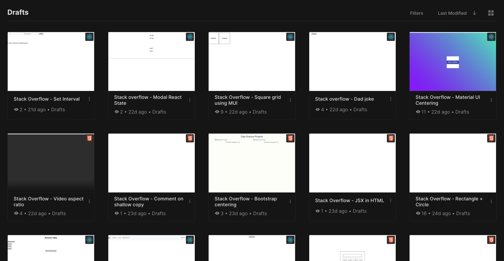 A glimpse at my recent code sandboxes, which have all been used to help illustrate answers to questions on Stack Overflow.