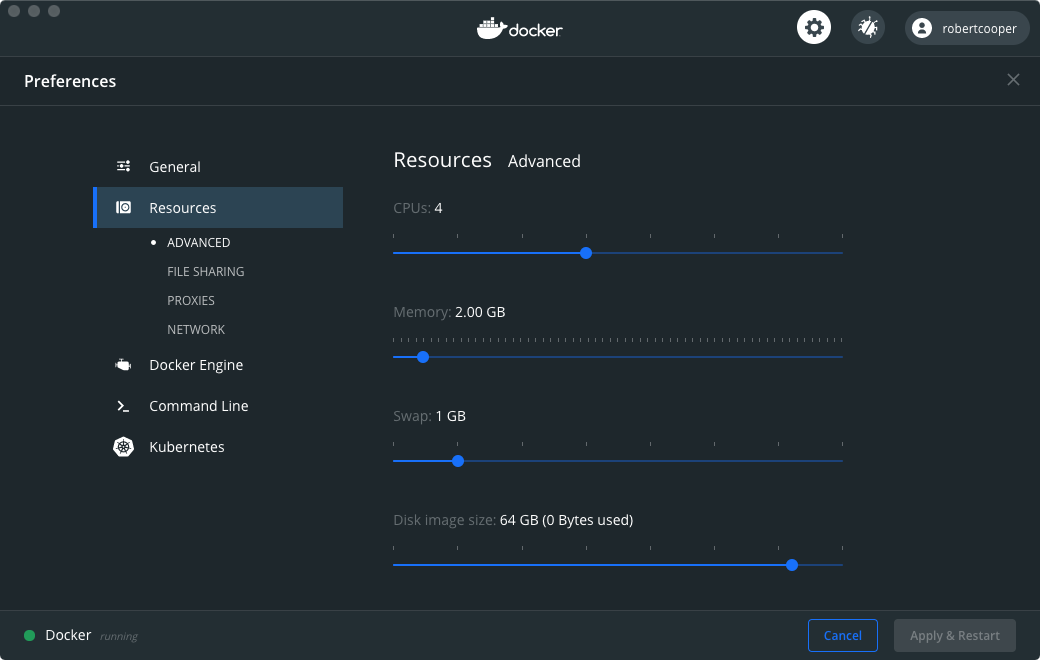Docker Desktop configuration of resources such as CPU, memory, and disk space