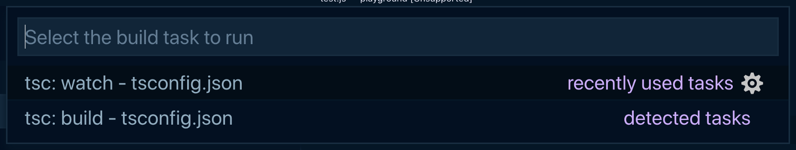 The VS Code build tasks menu that can be brought up using ⌘⇧B